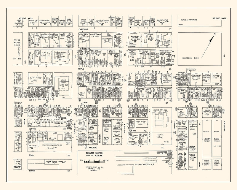 Size comparison using Vintage Map of Holyoke, MA Business Section 1946