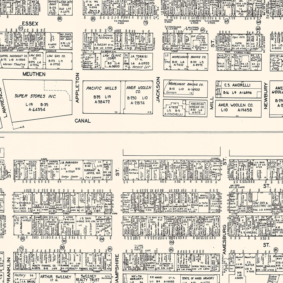 Restored historic details from the 1946 city map of Lawrence, Massachusetts