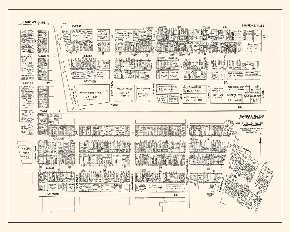 Vintage Map of Lawrence, MA Business Section 1946 print style example