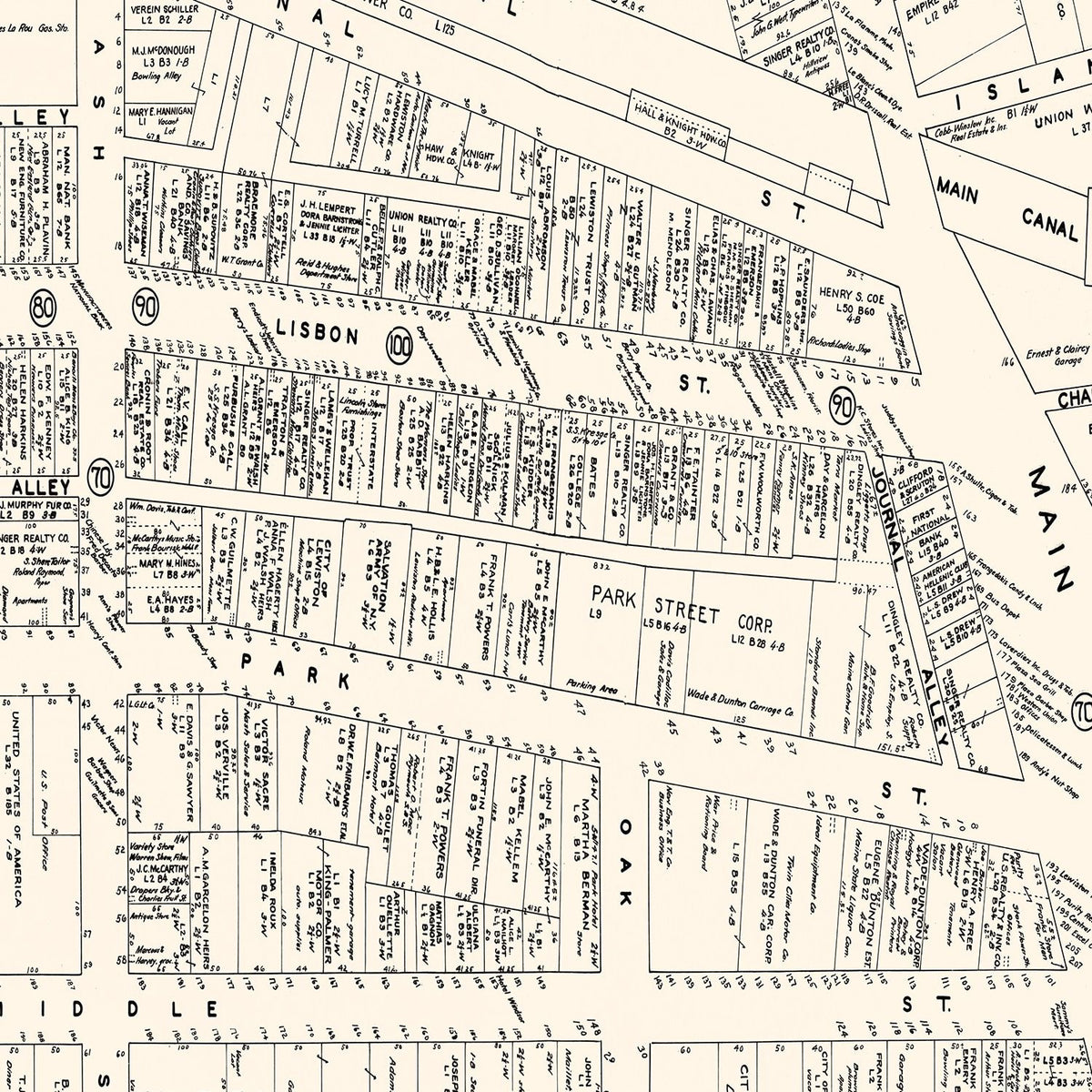 Restored historic details from the 1946 city map of Lewiston, Maine