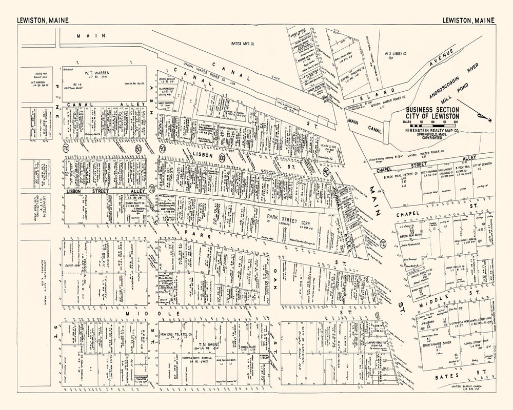Vintage Map of Lewiston, ME Business Section 1946 print style example