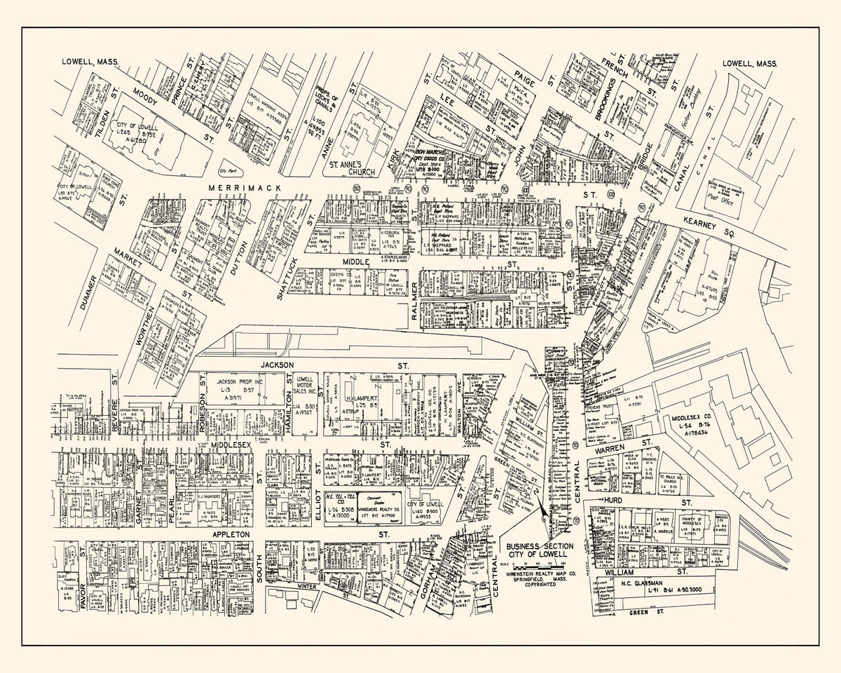 Preview of Vintage Map of Lowell, MA Business Section 1946