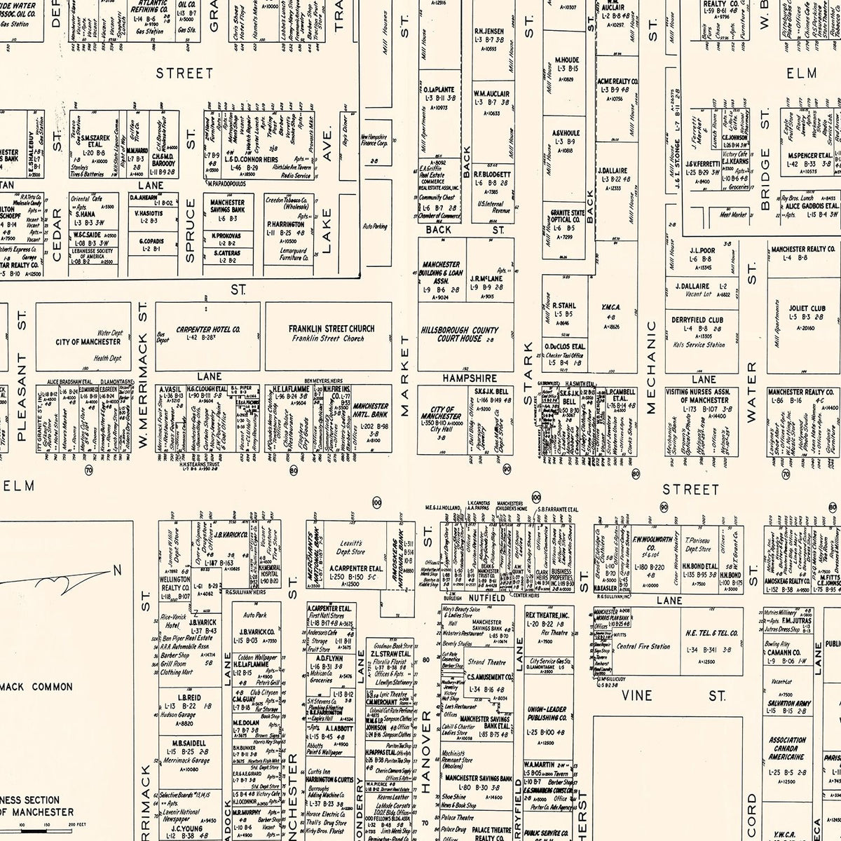 Restored historic details from the 1946 city map of Manchester, New Hampshire