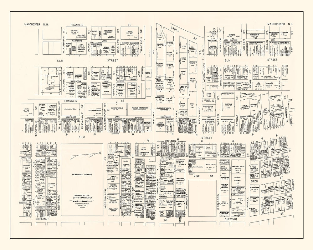 Vintage Map of Manchester, NH Business Section 1946 print style example