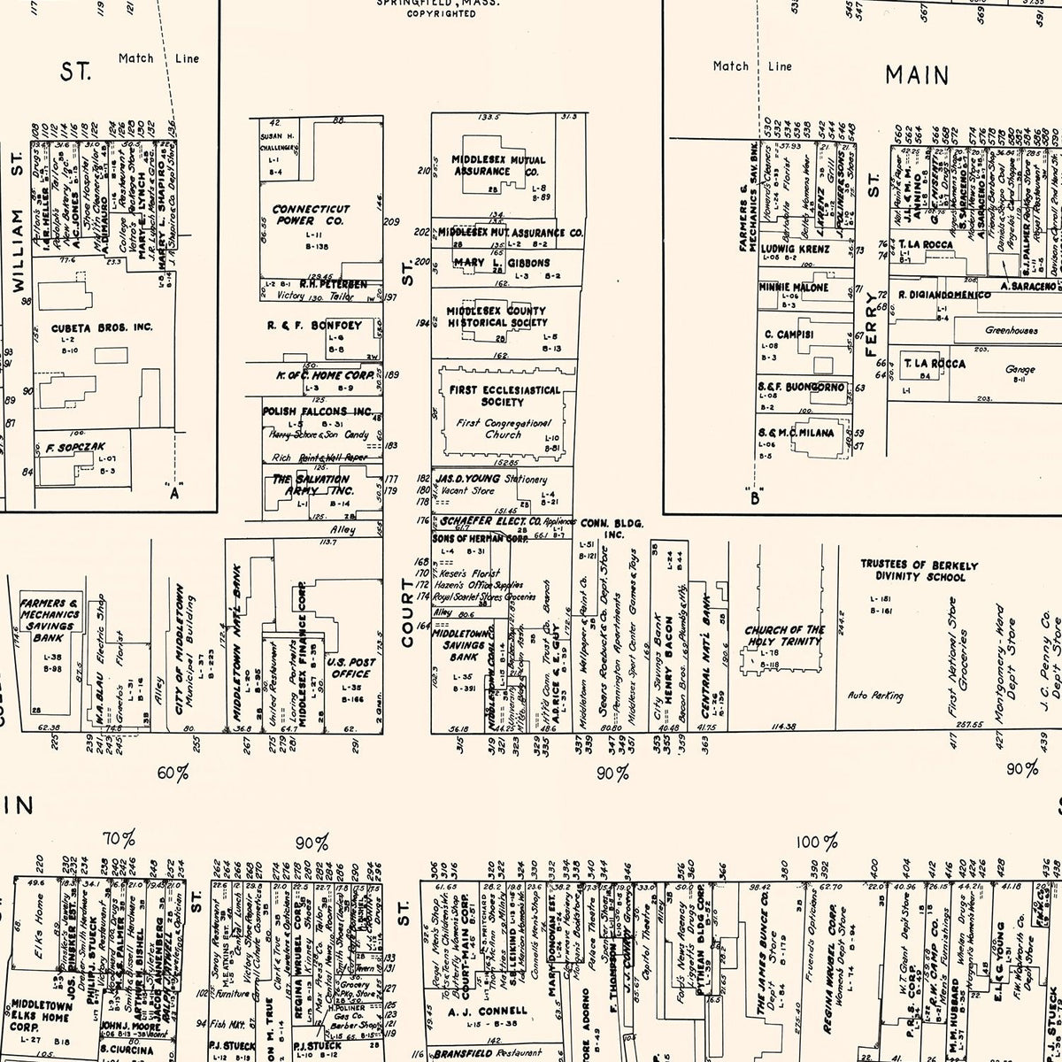 Restored historic details from the 1946 city map of Middletown, Connecticut
