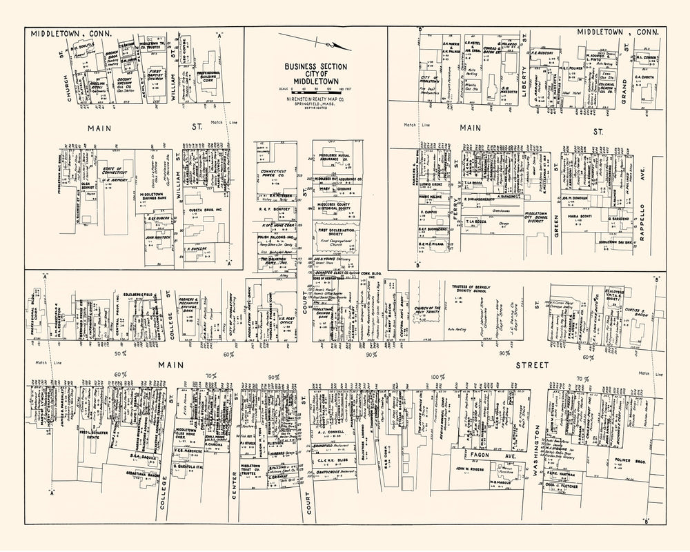 Vintage Map of Middletown, CT Business Section 1946 print style example