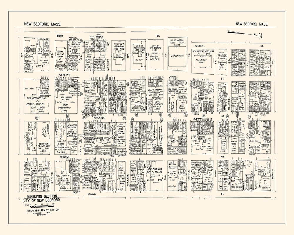 Vintage Map of New Bedford, MA Business Section 1946 print style example