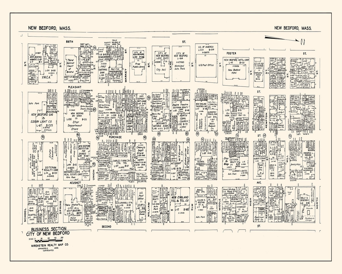 Preview of Vintage Map of New Bedford, MA Business Section 1946