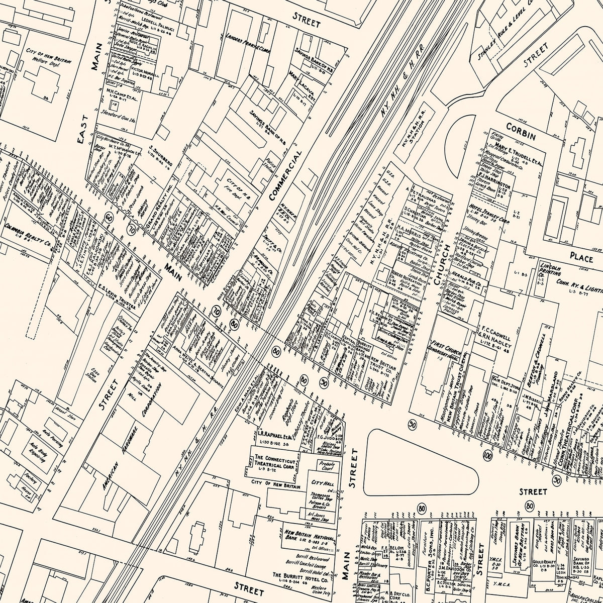 Restored historic details from the 1946 city map of New Britain, Connecticut