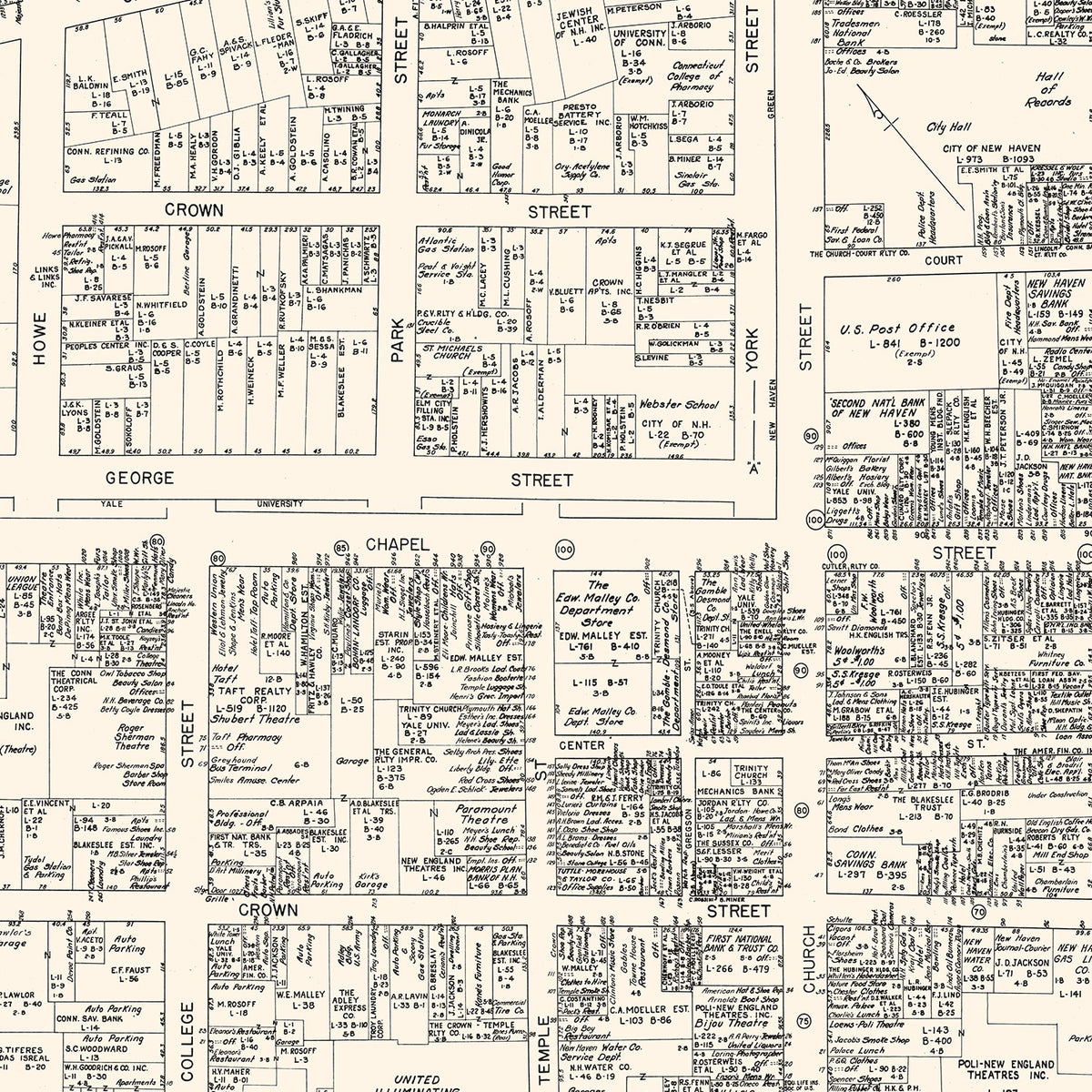 Restored historic details from the 1946 city map of New Haven, Connecticut