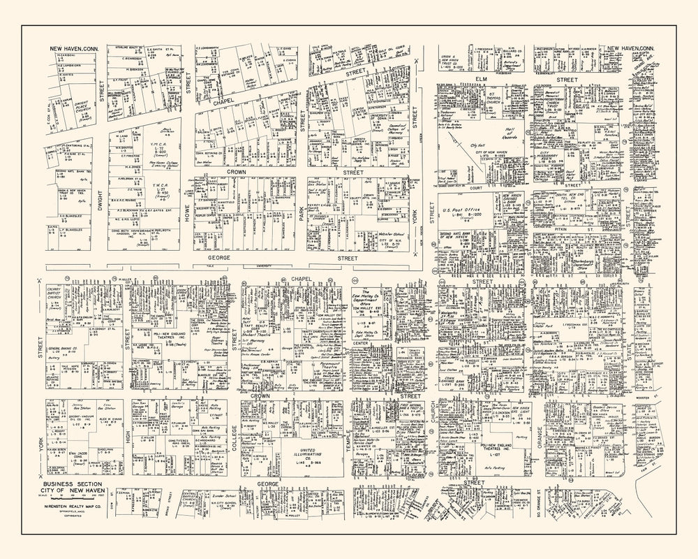 Vintage Map of New Haven, CT Business Section 1946 print style example