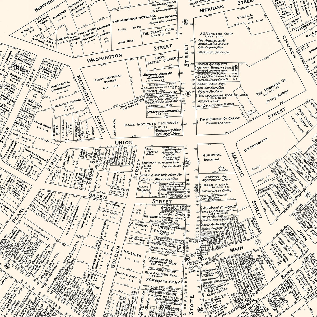 Restored historic details from the 1946 city map of New London, Connecticut
