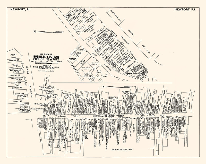 Size comparison using Vintage Map of Newport, RI Business Section 1946