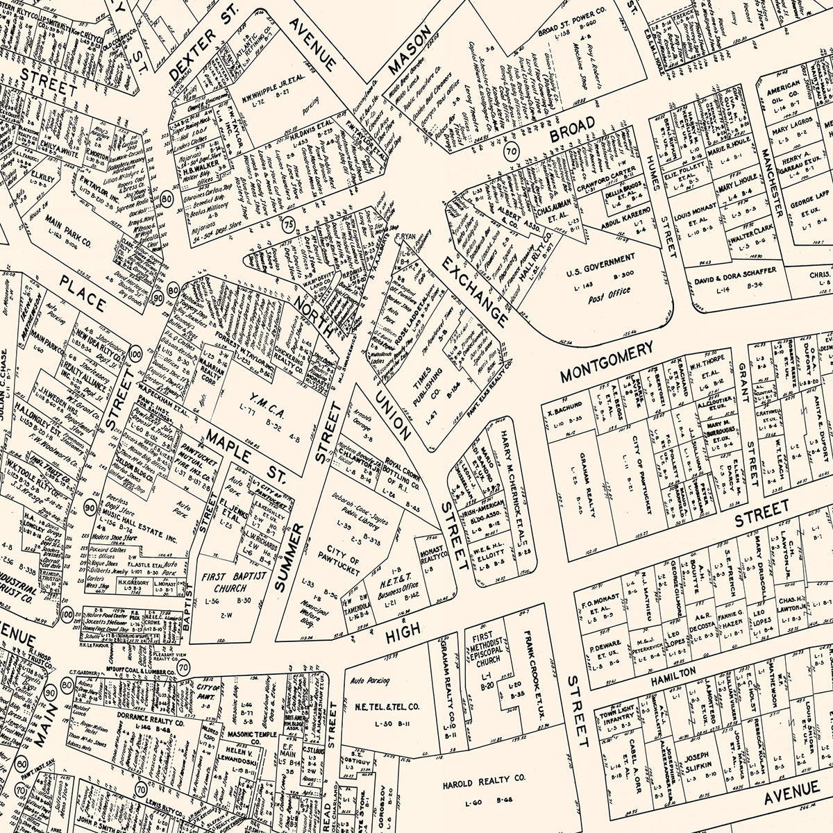 Restored historic details from the 1946 city map of Pawtucket, Rhode Island