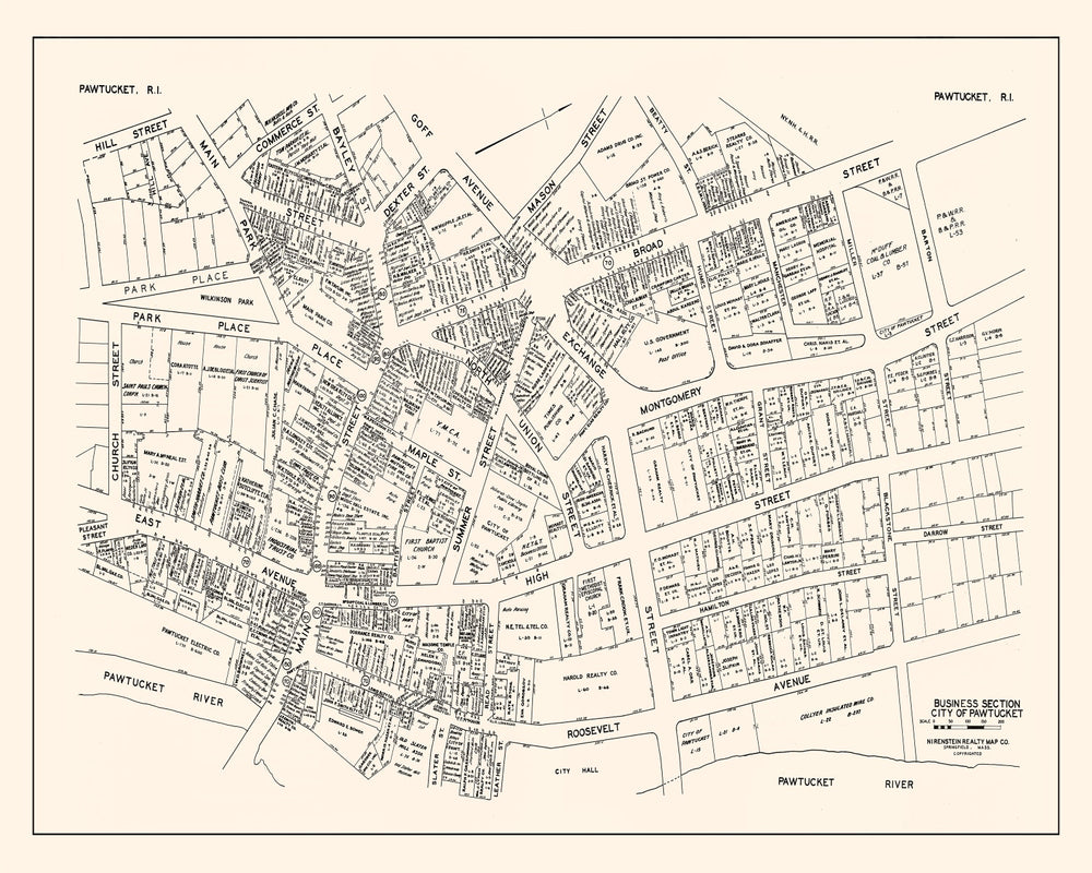 Vintage Map of Pawtucket, RI Business Section 1946 print style example