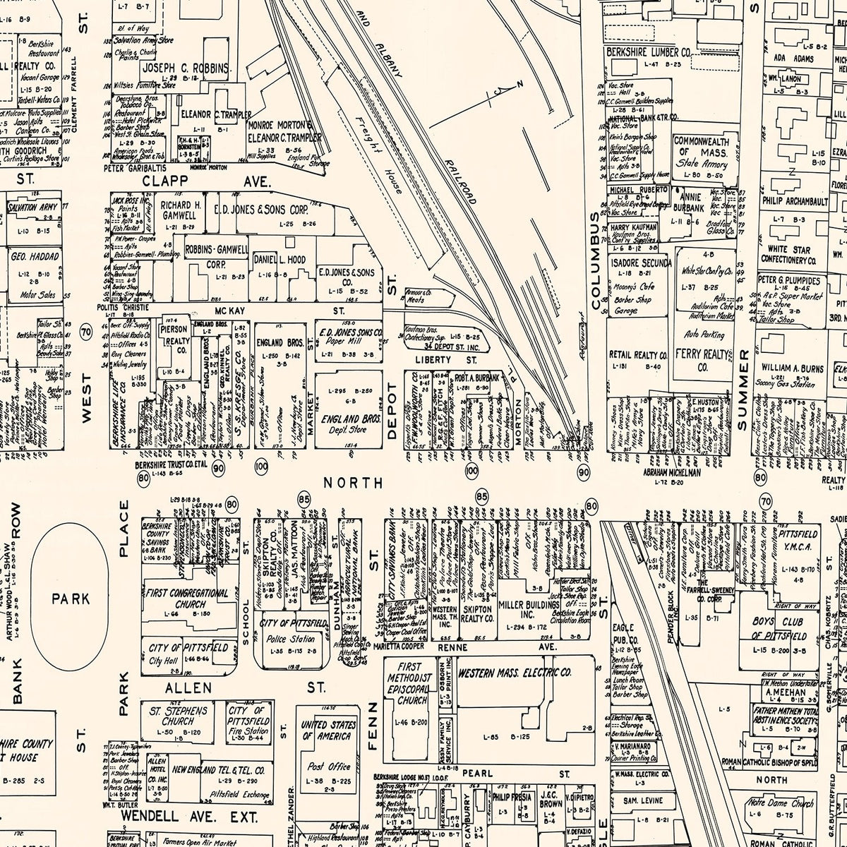 Restored historic details from the 1946 city map of Pittsfield, Massachusetts