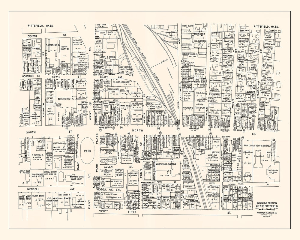 Vintage Map of Pittsfield, MA Business Section 1946 print style example