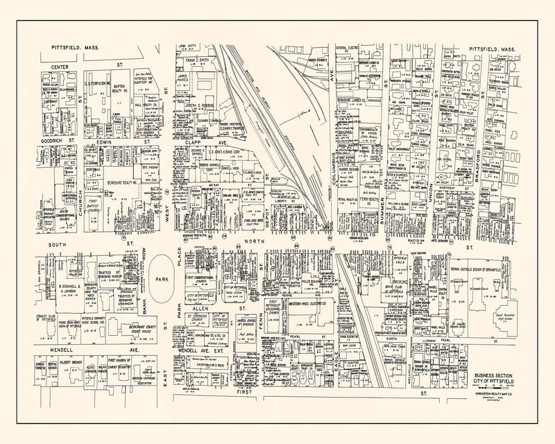 Size comparison using Vintage Map of Pittsfield, MA Business Section 1946