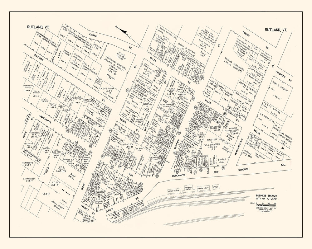 Vintage Map of Rutland, VT Business Section 1946 print style example
