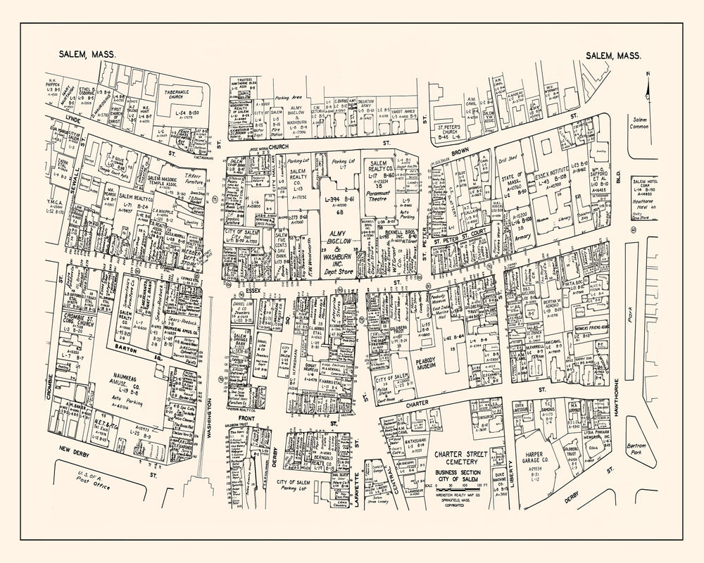 Vintage Map of Salem, MA Business Section 1946 print style example