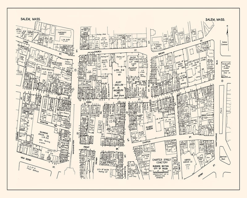 Size comparison using Vintage Map of Salem, MA Business Section 1946