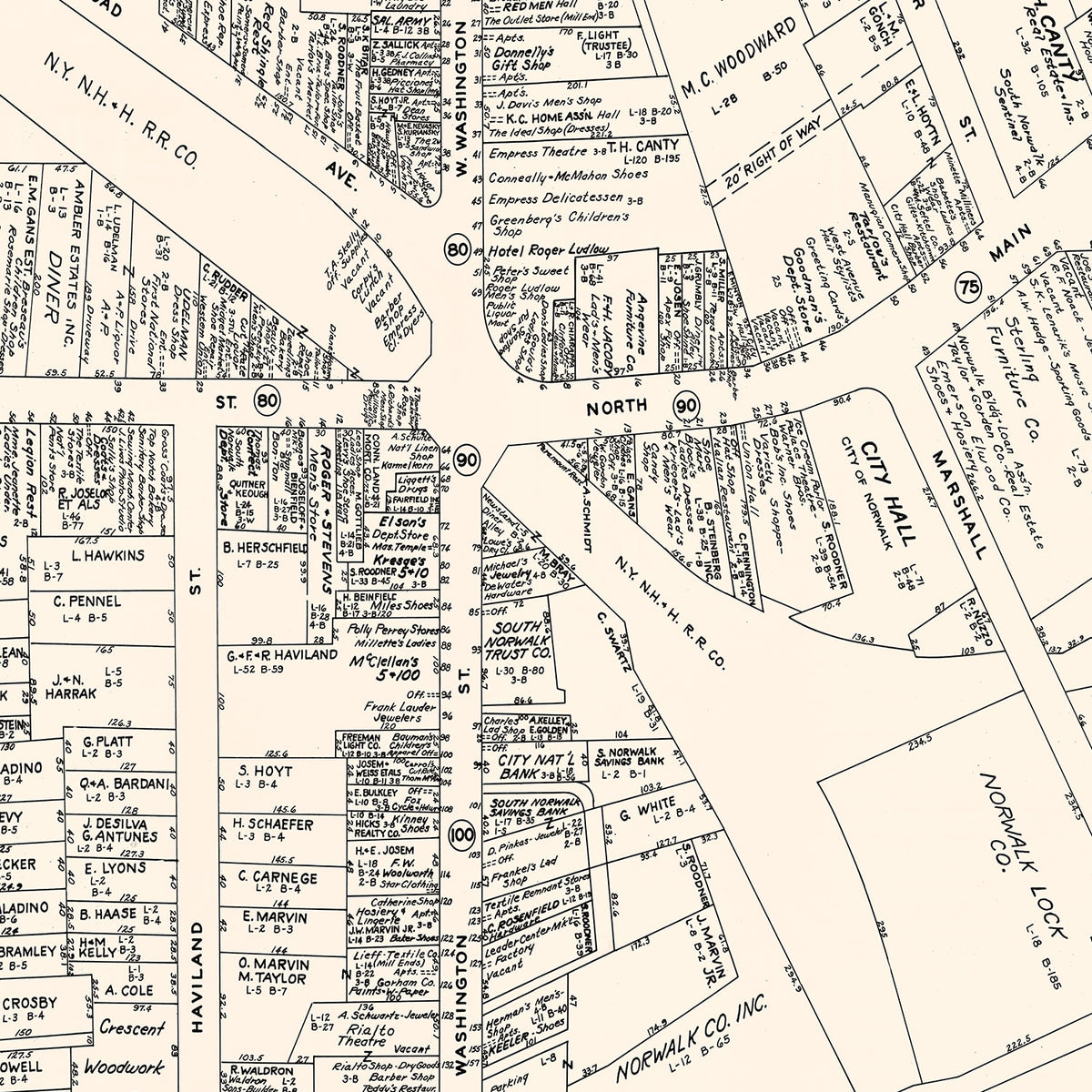Restored historic details from the 1946 city map of South Norwalk, Connecticut
