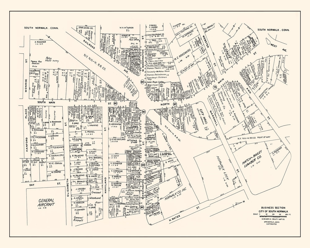 Vintage Map of South Norwalk, CT Business Section 1946 print style example