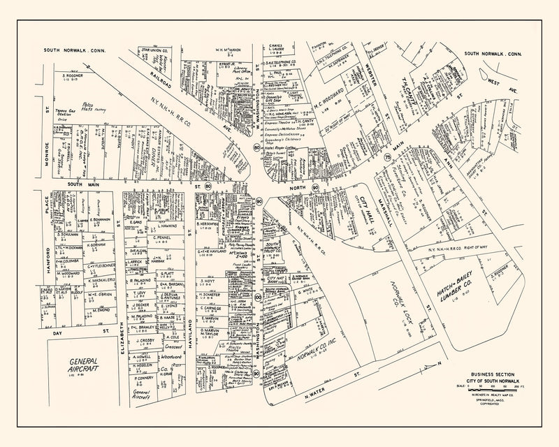 Size comparison using Vintage Map of South Norwalk, CT Business Section 1946