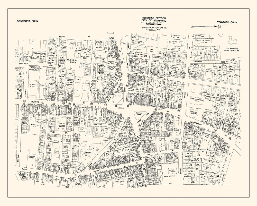 Vintage Map of Stamford, CT Business Section 1946 print style example