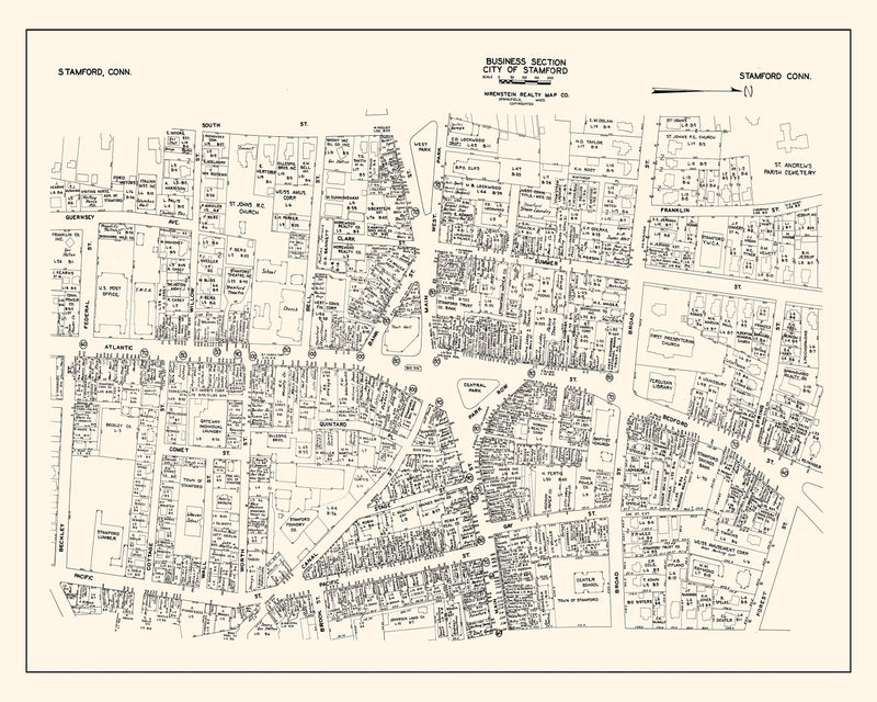 Size comparison using Vintage Map of Stamford, CT Business Section 1946