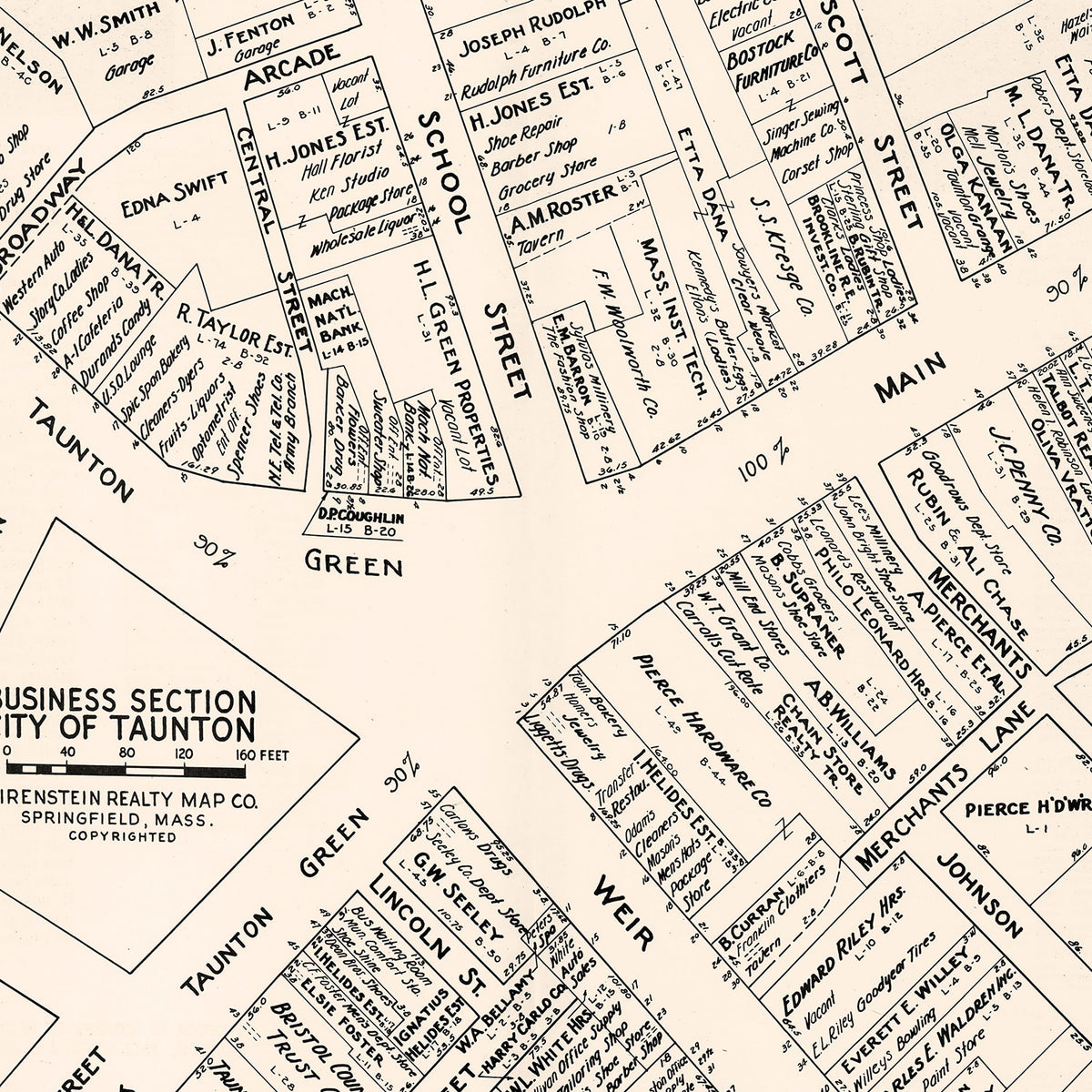 Restored historic details from the 1946 city map of Taunton, Massachusetts