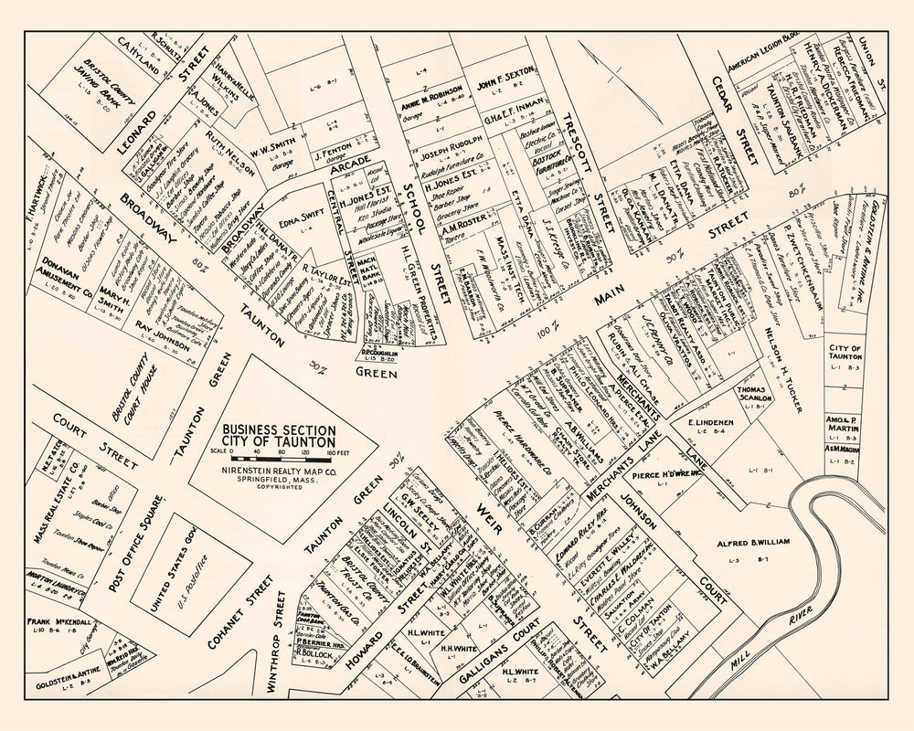 Vintage Map of Taunton, MA Business Section 1946 print style example
