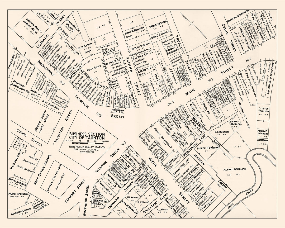 Preview of Vintage Map of Taunton, MA Business Section 1946