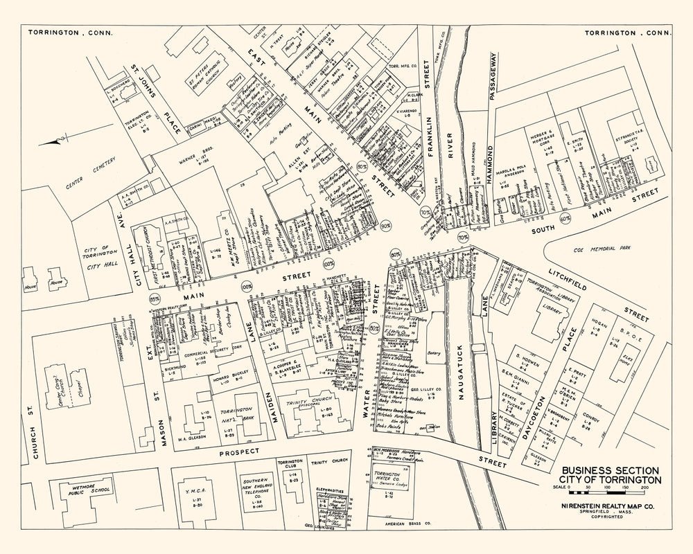 Vintage Map of Torrington, CT Business Section 1946 print style example