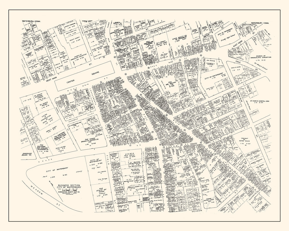 Vintage Map of Waterbury, CT Business Section 1946 print style example