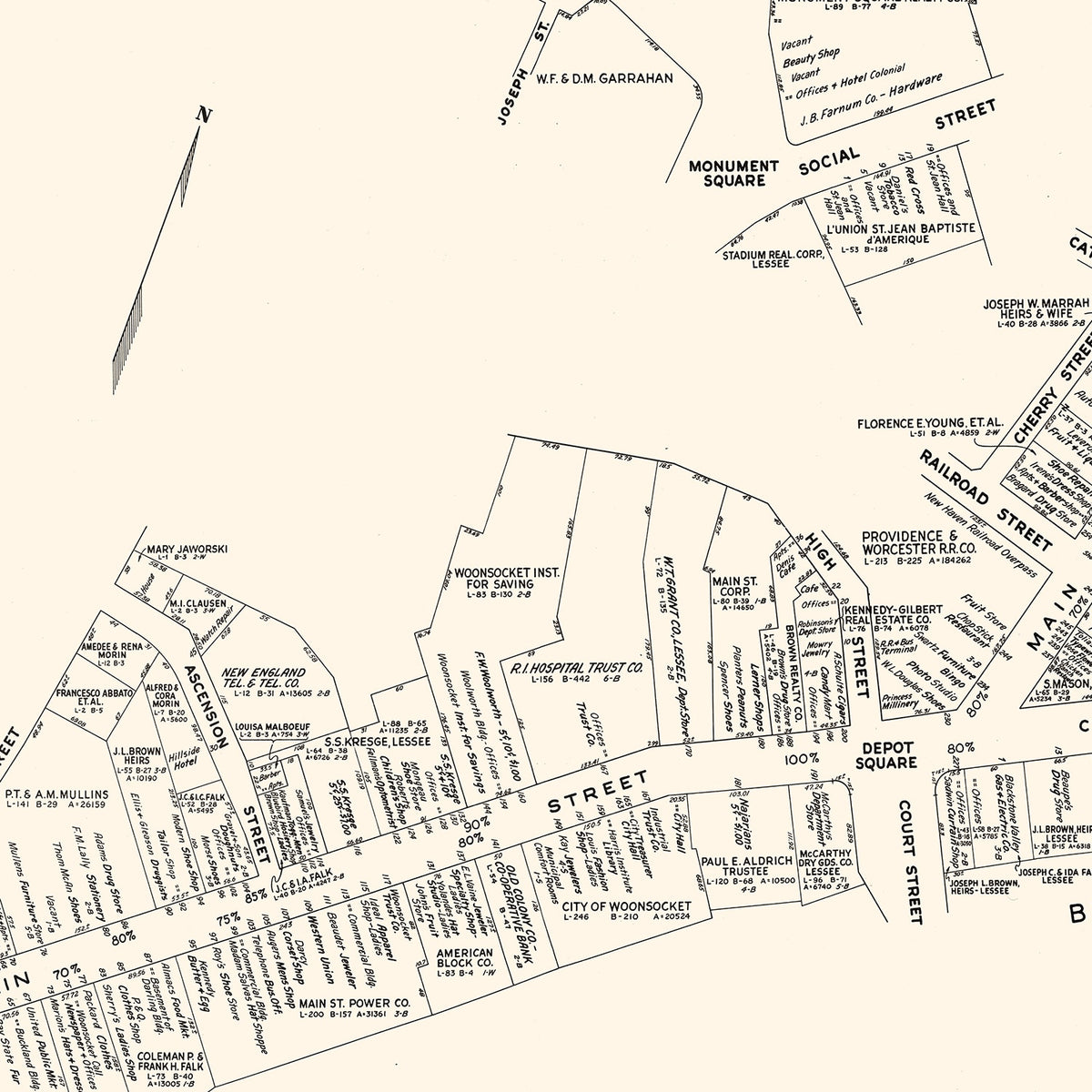Restored historic details from the 1946 city map of Woonsocket, Rhode Island