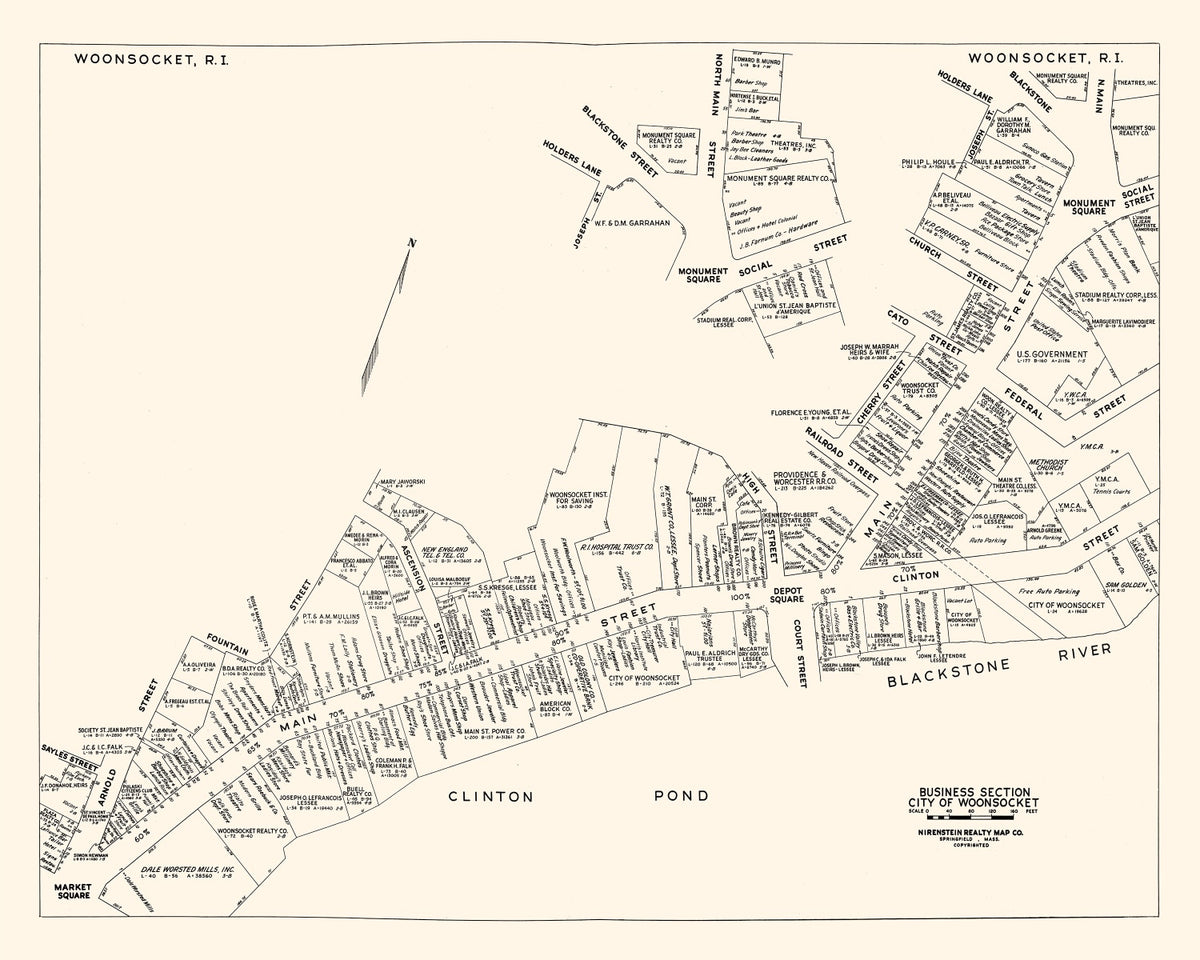 Preview of Vintage Map of Woonsocket, RI Business Section 1946
