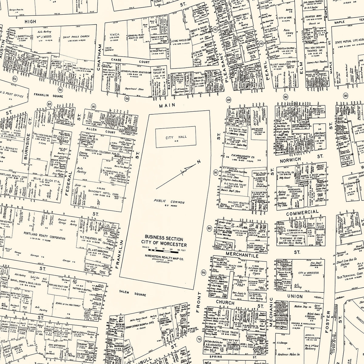 Restored historic details from the 1946 city map of Worcester, Massachusetts