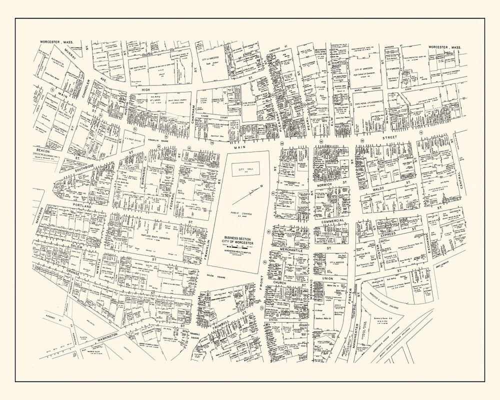 Vintage Map of Worcester, MA Business Section 1946 print style example