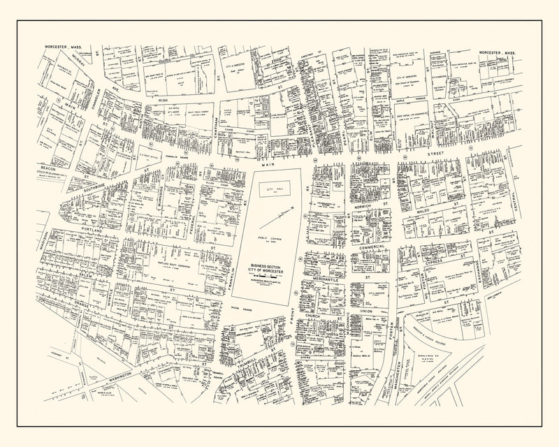 Size comparison using Vintage Map of Worcester, MA Business Section 1946