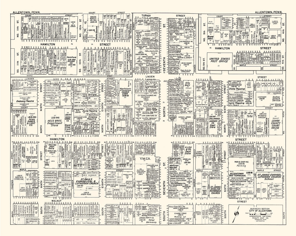 Vintage Map of Allentown, PA Business Section 1950 print style example