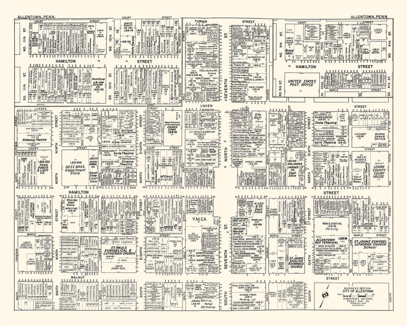 Size comparison using Vintage Map of Allentown, PA Business Section 1950