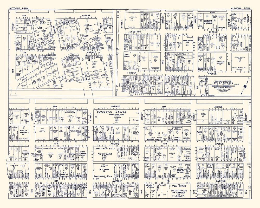 Vintage Map of Altoona, PA Business Section 1950 print style example