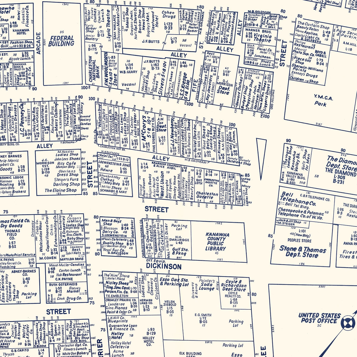Restored historic details from the 1950 city map of Charleston, West Virginia