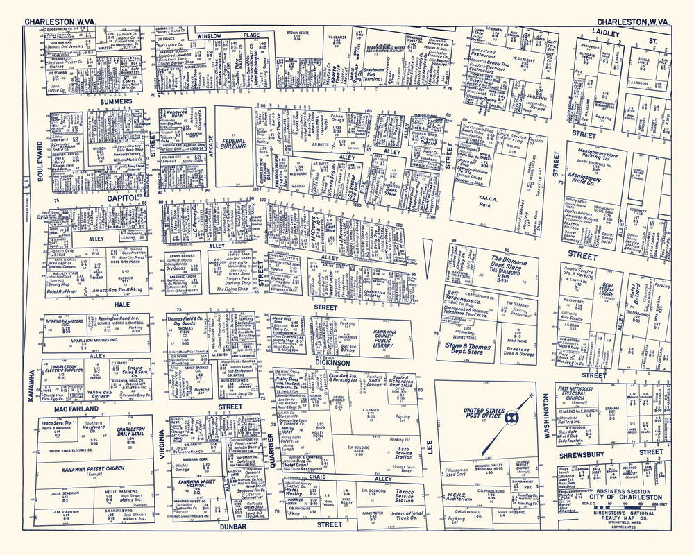 Vintage Map of Charleston, WV Business Section 1950 print style example