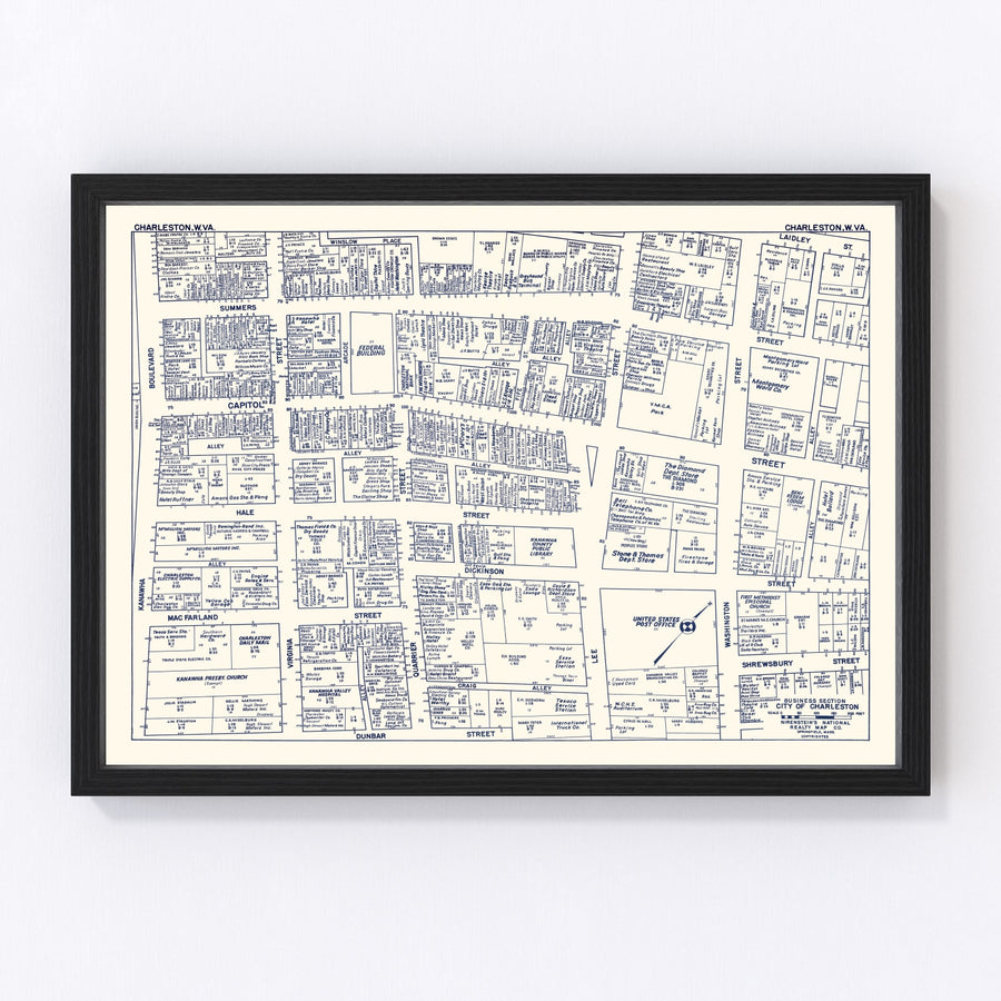 Vintage Map of Charleston, WV Business Section 1950