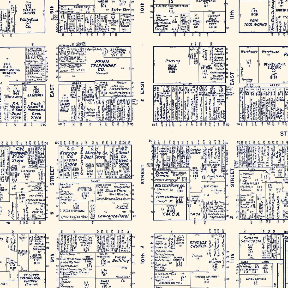 Restored historic details from the 1950 city map of Erie, Pennsylvania
