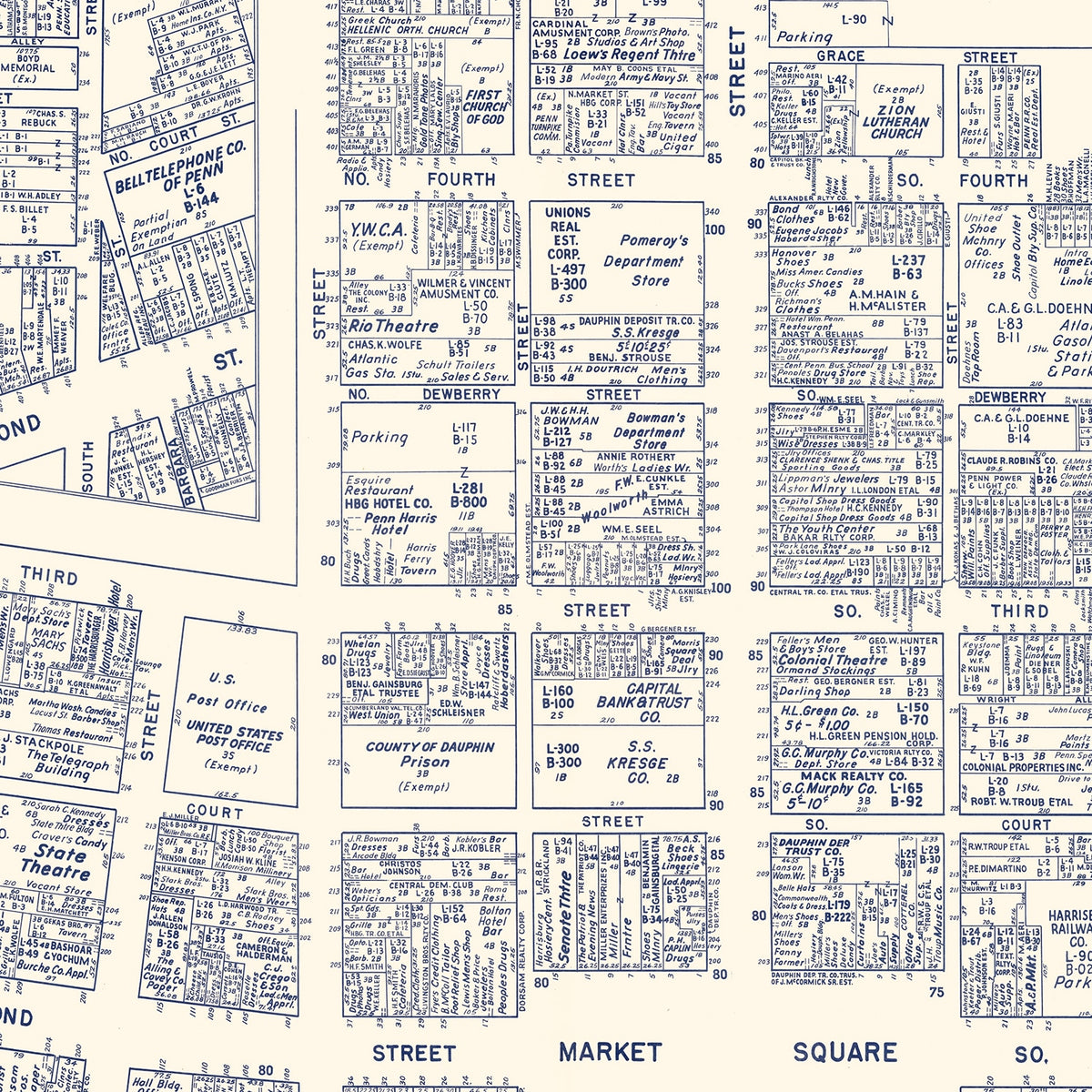 Restored historic details from the 1950 city map of Harrisburg, Pennsylvania