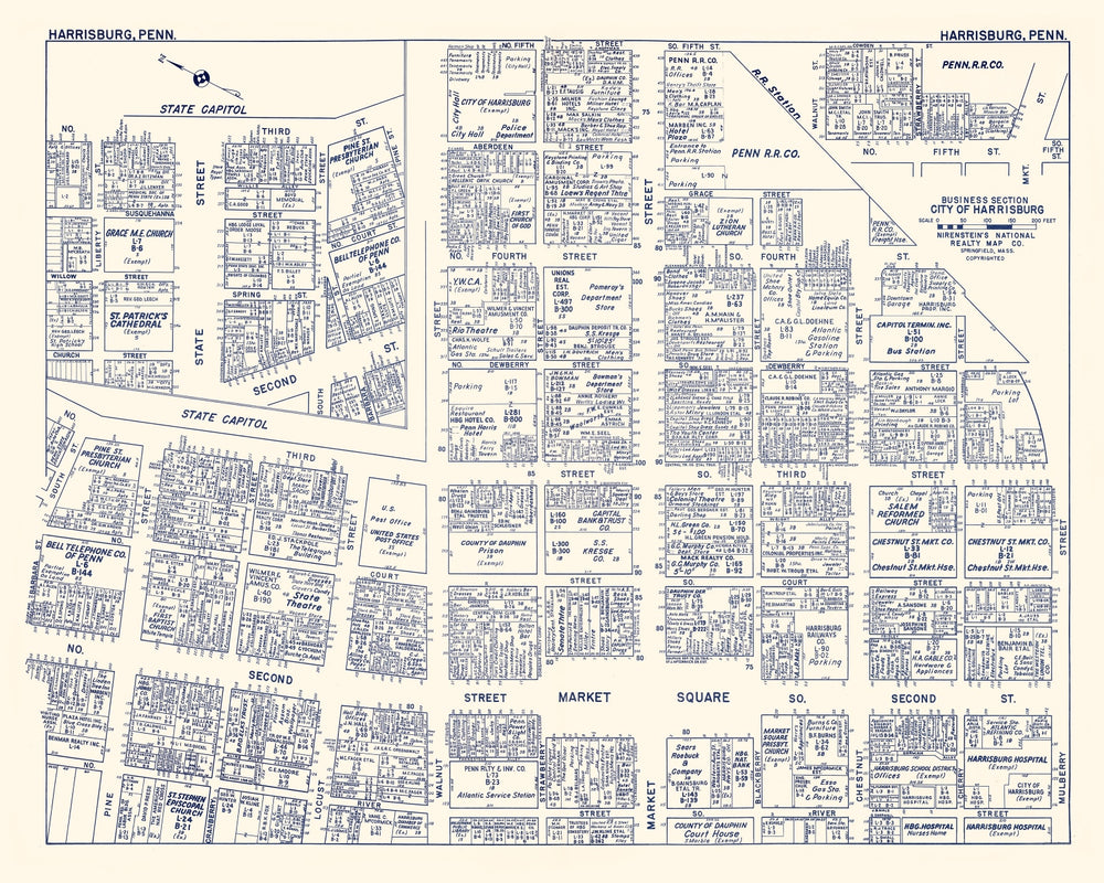 Vintage Map of Harrisburg, PA Business Section 1950 print style example
