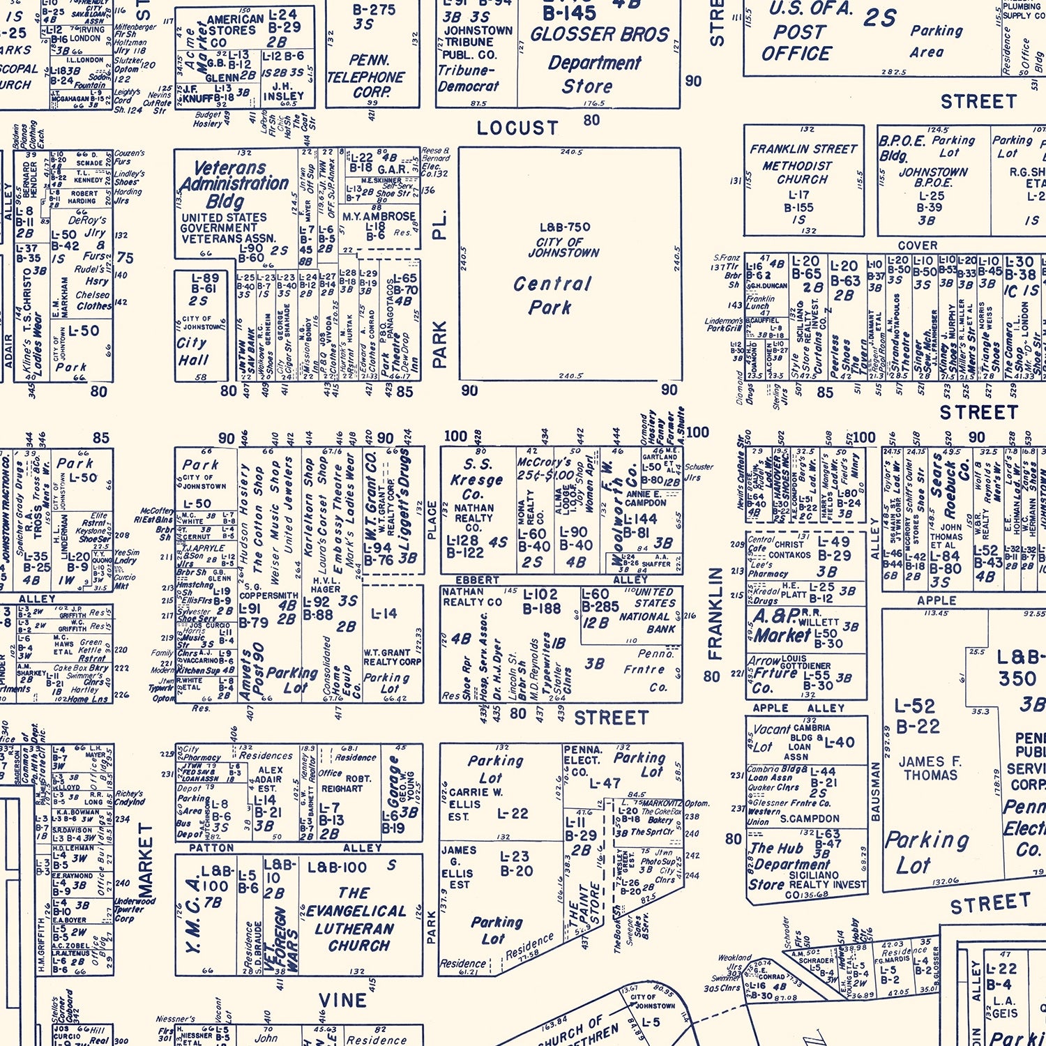 Restored historic details from the 1950 city map of Johnstown, Pennsylvania